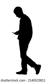 Man talking on mobile phone vector silhouette isolated on white background. Urban boy walking with cell smart phone, worry and waiting girls to call him. Selfie by online internet Wi Fi connect.