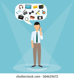 Man talking on mobile phone. Speech Bubbles with icons technology, money, work, hobbies. Vector illustration of a communication concept, relating to feedback, reviews and discussion.