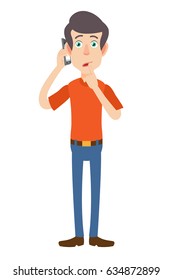 Man talking on mobile phone and standing with his finger to his lips. Full length portrait of Cartoon Man in red t-shirt. Vector illustration in a flat style.