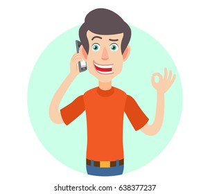 Man talking on mobile phone and showing a okay hand sign. Portrait of Cartoon Man in red t-shirt. Vector illustration in a flat style.