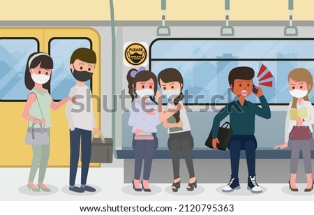 Man talking on mobile phone loudly and not wear a mask in public in covid-19 situation. Near a sign asking for cooperation to wear mask. Vector illustration Eps10.