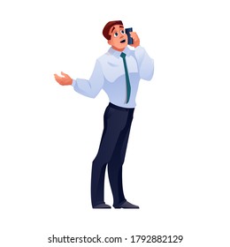 Man talking on phone, businessman call on mobile, vector isolated flat cartoon character. Businessman with happy or angry face talking on smartphone, business communication and work isolated icon