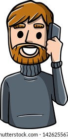 Man talking on the phone. Communication and communication with people. conversation with friend. Bearded guy in a warm black sweater. Hand-drawn illustration. Modern gadget