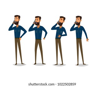 Man is talking on the phone with different emotions. Cheerful, thoughtful, angry. Vector illustration in cartoon style