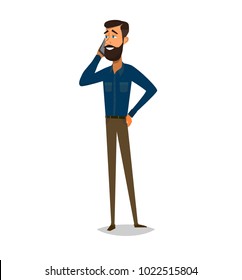 Man is talking on the phone with different emotions. Cheerful, thoughtful, angry. Vector illustration in cartoon style