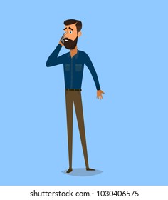 Man is talking on the phone with different emotions. Cheerful, thoughtful, angry. Vector illustration in cartoon style