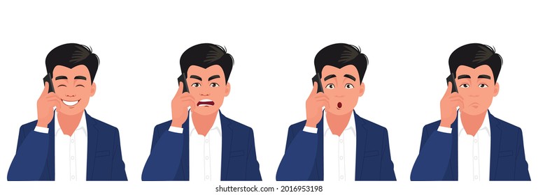 A man is talking on the phone with different emotions. Cheerful, thoughtful, angry, surprised. Vector illustration in cartoon style.