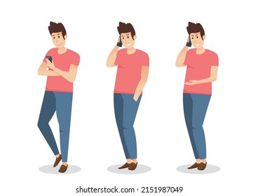 Man is talking on the phone with different emotions. character vector design.