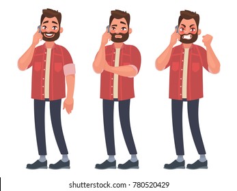 Man is talking on the phone with different emotions. Cheerful, thoughtful, angry. Vector illustration in cartoon style