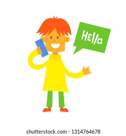 man talking on the phone, hello, flat illustration 
