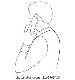 Hombre hablando por teléfono con una línea dibujando en fondo blanco aislado