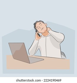 man talking on the phone overwork stressed tired and neck sprain hurt