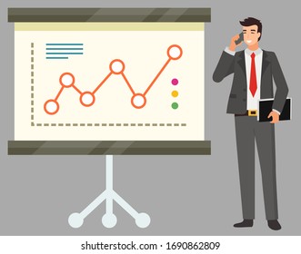 Man talking on phone standing by infocharts board vector, isolated smiling businessman whiteboard. Leader of company with papers document on presentation
