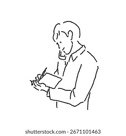 Man Talking on the Phone and Taking Notes Illustration (Line Art, Monochrome)