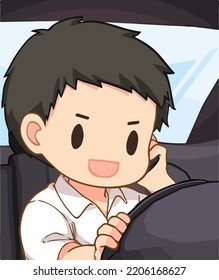 
A man is talking on the phone while driving a car. A man uses a smartphone in a vehicle. dangerous driving concept. risk of an accident. Vector illustration in cartoon and anime style.
