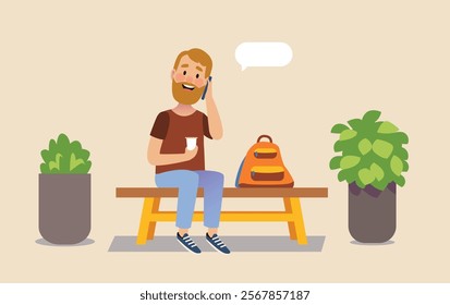 A man talking on the phone while sitting on a bench in a park or shopping mall. Flat cartoon vector illustration.