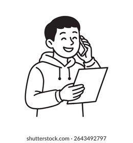 Man Talking On Phone While Reading Paper Document In Hoodie