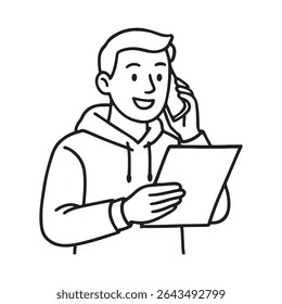 Man Talking On Phone While Reading Paper Document In Hoodie