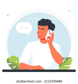 hombre hablando por teléfono. Los jóvenes usan smartphones, chats. Ilustración de vectores de dibujos planos.
