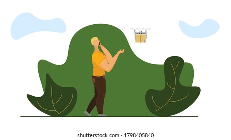Man talking on smartphone picks up the parcel delivered by the drone. Drone delivery concept. Vector illustration.