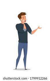 Сheerful man talking on smartphone, raising his hand up. Young guy holding and using phone. Modern communication technology. Vector character illustration of person isolated on white background