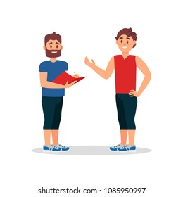 Man Talking With Personal Coach In Gym. Fitness Instructor Writing Training Plan For Young Guy. Flat Vector Illustration