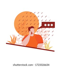 Man talking phone.guy calling by telephone, holding smartphone and social conversation concept. Vector character illustration. flat 