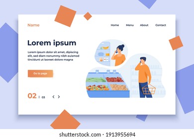 Man talking phone from grocery with woman near fridge isolated flat vector illustration. Cartoon people buying food for home and husband calling to wife. Communication and family concept
