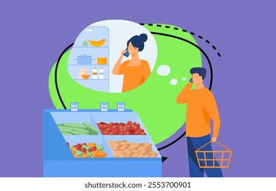 Man talking phone from grocery with woman near fridge isolated flat vector illustration. Cartoon people buying food for home and husband calling to wife. Communication and family concept