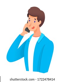 Man talking phone. Smiling guy calling by telephone, holding smartphone and speaking close up isolated portrait. Communication technology, social conversation concept. Vector character illustration