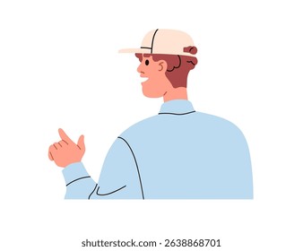 Man talking and pointing, showing with finger, back view. Smiling male character from behind, gesturing with hand, speaking, asking, explaining. Flat vector illustration isolated on white background