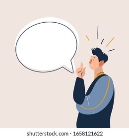 Man talking and points her finger at bubble speech above him. 
Flat cartoon vector illustration. 