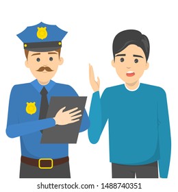 Man talking to a police officer. Male character in the uniform writing on the clipboard. Professional occupation. Isolated vector illustration in cartoon style