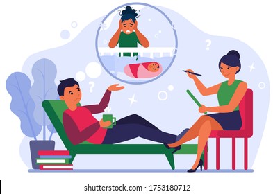 Man Talking To Psychotherapist About Post Natal Depression Of Wife. Man In Psychiatrist Office Flat Vector Illustration. Post Natal Depression Concept For Banner, Website Design Or Landing Web Page