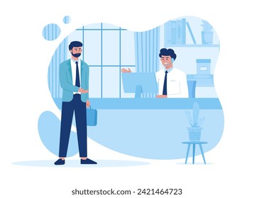 a man talking to a receptionist. desk, talking, laptop trending concept flat illustration