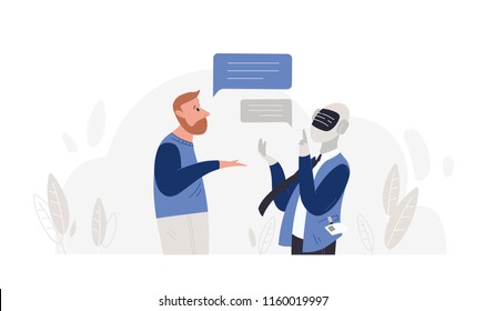 Man talking to robot isolated on white background. Conversation between guy and android, dialog with artificial intelligence. Concept of chatbot, technical support. Flat cartoon vector illustration.