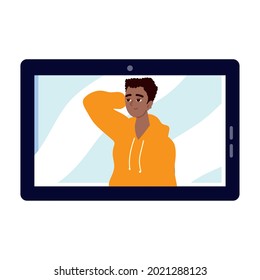man talking from screen of device icon isolated