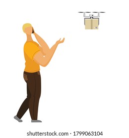 Man talking smartphone picks up the parcel delivered by the drone. Drone delievery concept. Vector illustration isolated on white background