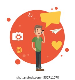 man talking smartphone social media orange circle background