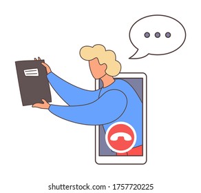 Man talking with someone through videocall. Video conference at phone, online conversation with video. Guy holding folder with information. Man with bubble text cloud. Live stream, guy beyond phone
