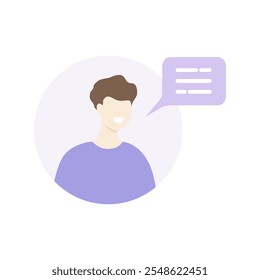 Man talking with speech bubble. Communication, comment, conversation, dialog concepts. Flat character vector design isolated illustration. 