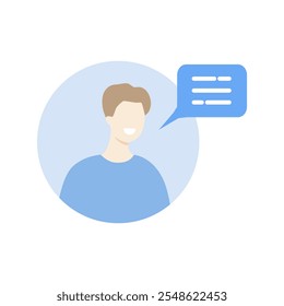 Man talking with speech bubble. Communication, comment, conversation, dialog concepts. Flat character vector design isolated illustration. 