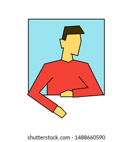 Man talking from square window. Outline color illustration