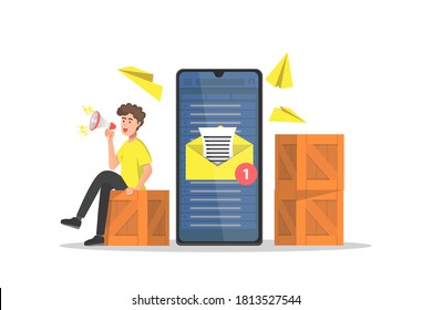 A man is talking using a megaphone,  email marketing strategy illustration