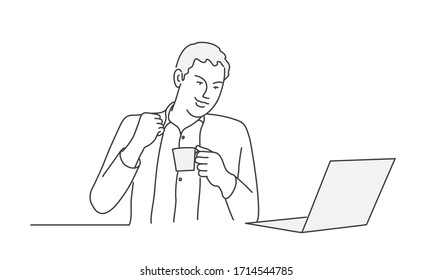 Man talking in a video conference. Contour drawing vector illustration.