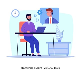 Man talking to web consultant vector illustration. Cartoon virtual assistant advising client via chat messenger app on laptop. Online customer support, artificial intelligence concept