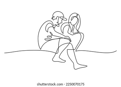 Man talking with a woman in continuous line art drawing style. Two people rest and communicate. Black linear sketch isolated on white background. Vector illustration