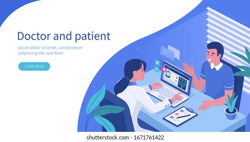 
Man Talking With Woman Doctor In Office. Patient Having Consultation About Disease Symptoms With Doctor Therapist In Hospital. Medical People Characters.  Flat Isometric Vector  Illustration.
