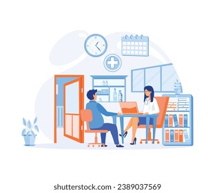 Hombre hablando con una doctora en el cargo. Paciente con consulta sobre síntomas de la enfermedad con terapeuta en el hospital.  ilustración moderna de vector plano 