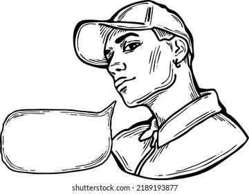 Man talking to you. Comic character, cartoon personage with speech bubble, thought cloud, speak balloon. quote background about life, relationship, advertising product. Hand drawn vector illustration.